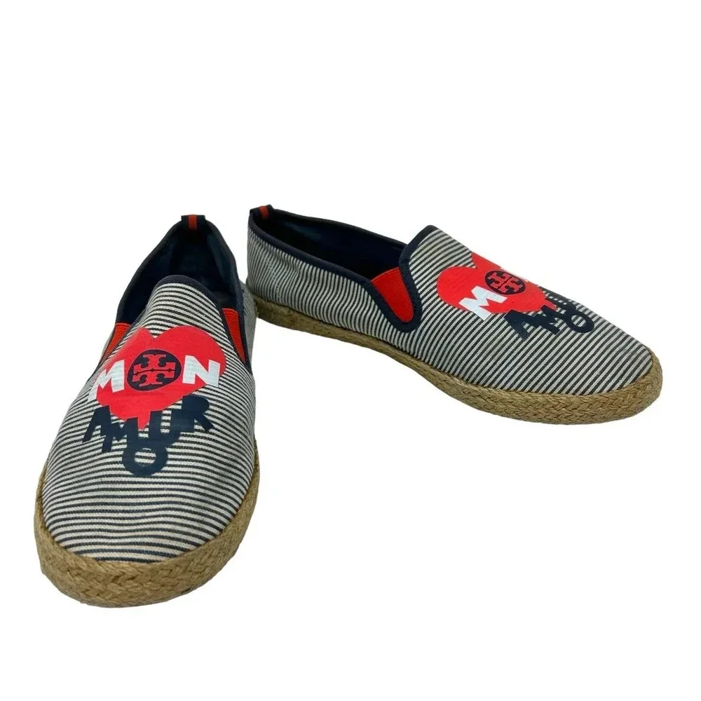 Tory Burch Mon Amour Navy Blue Red Stripe‎ Heart Espadrille Flats Size 10